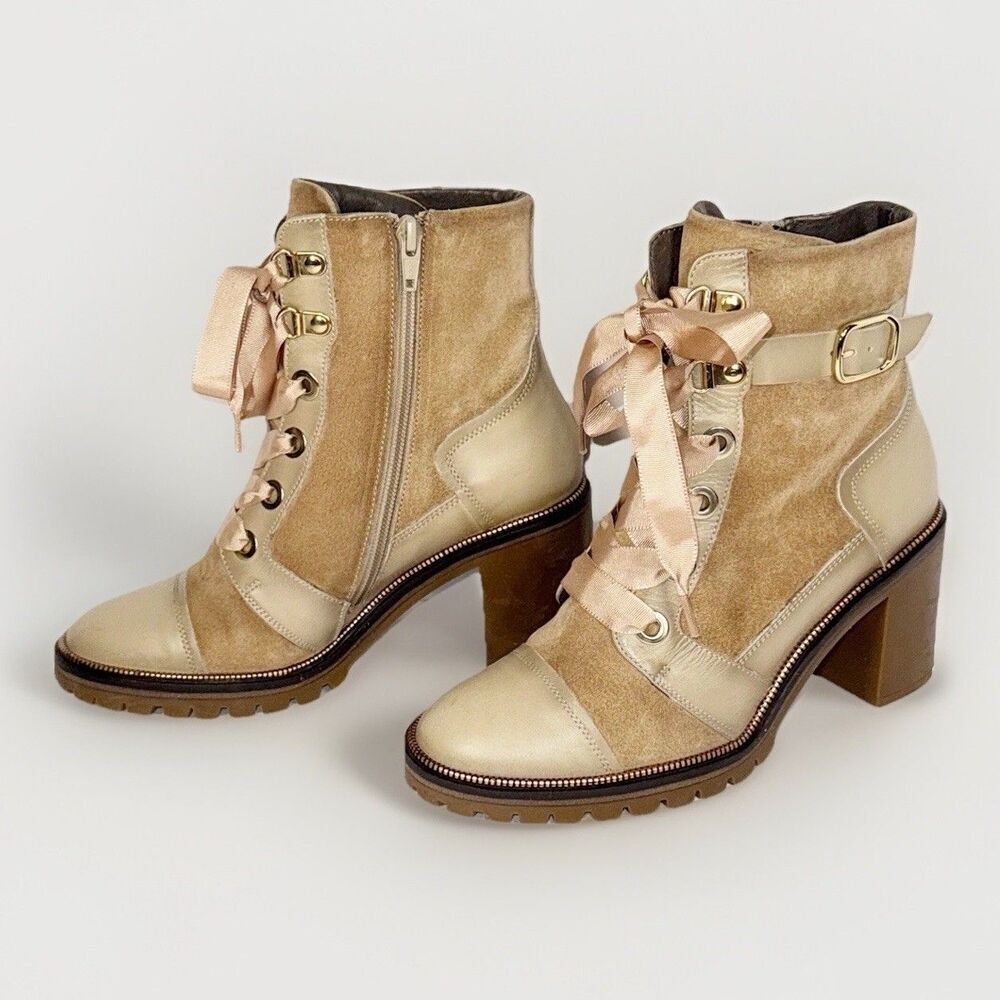 Softwaves Sahara Boots Leather Suede Ribbon Tie Chunky Lug Combat Boho Tan 36/6‎
